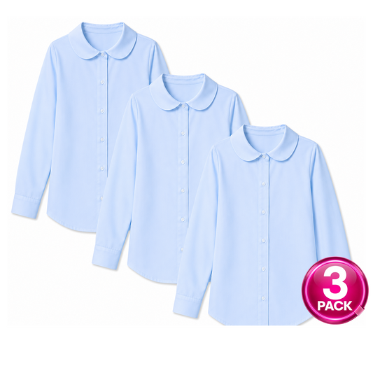 Girls 3-Pack Long Sleeve Button Down Peter Pan Blouse in Light Blue