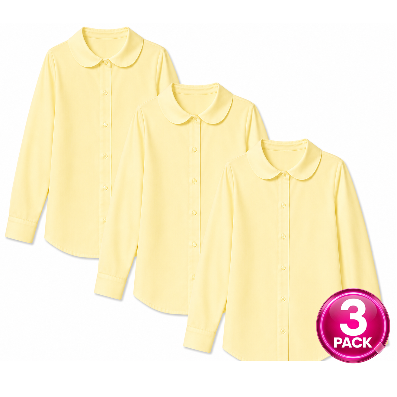 Girls 3-Pack Long Sleeve Button Down Peter Pan Blouse in Yellow