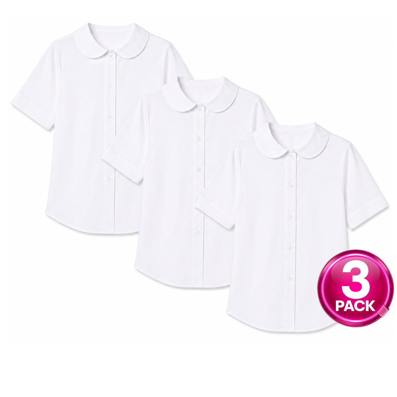 Girls 3-Pack Short Sleeve Button Down Peter Pan Blouse in White