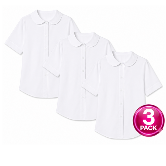 Girls 3-Pack Short Sleeve Button Down Peter Pan Blouse in White