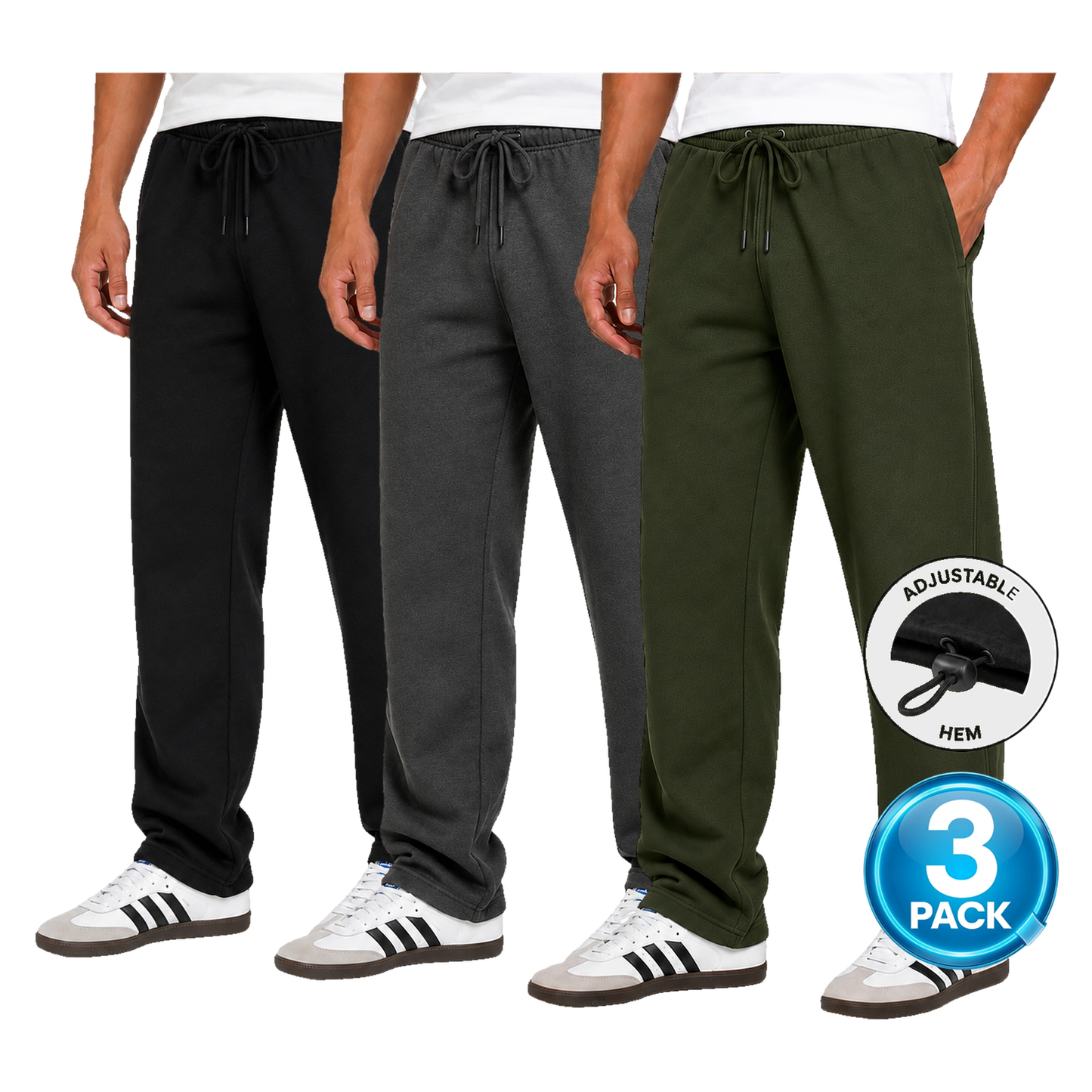 Men's 3 Pack Classic Fleece Sweatpants with Adjustable Drawcord Bottom - Black / Charcoal / Olive