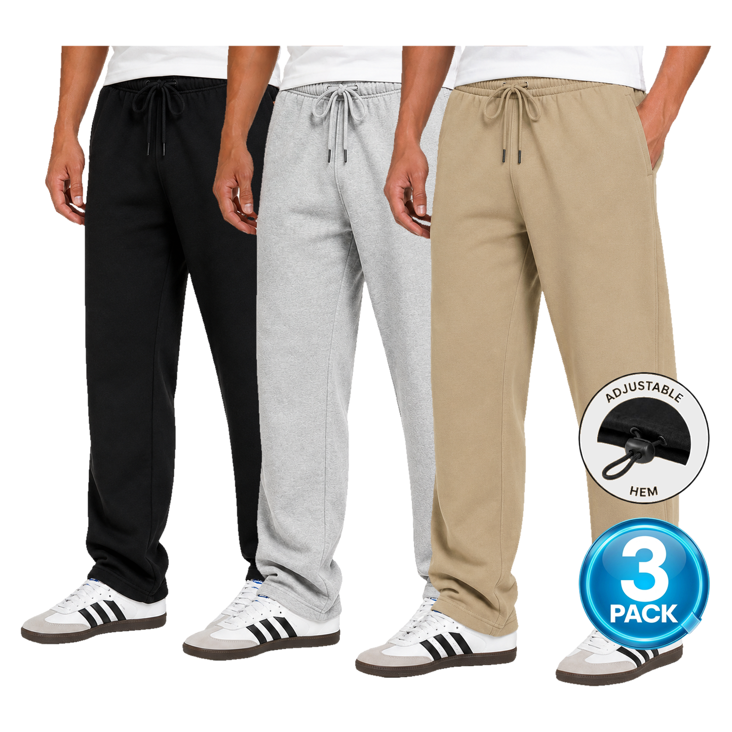 Men's 3 Pack Classic Fleece Sweatpants with Adjustable Drawcord Bottom - Black / Grey / Khaki