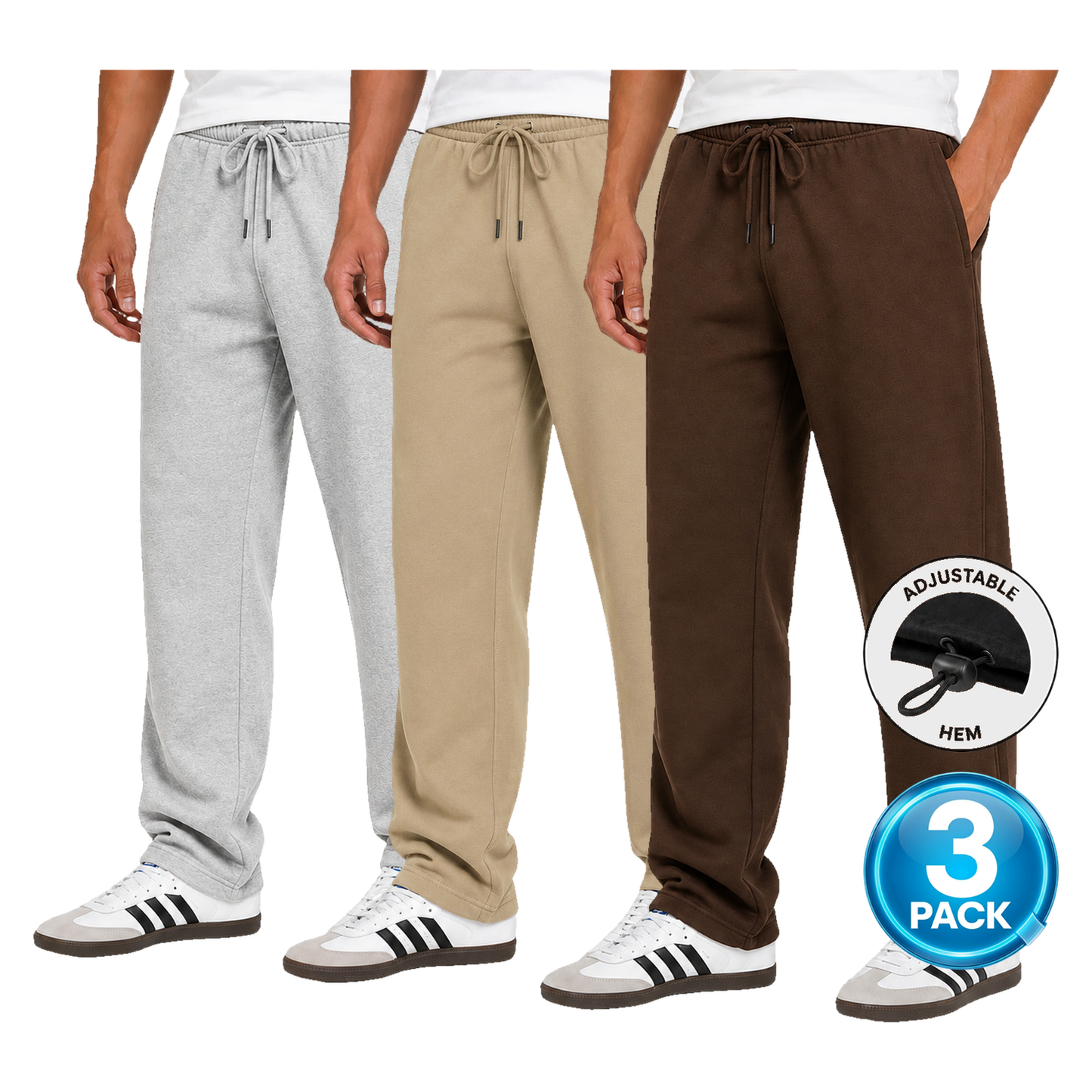 Men's 3 Pack Classic Fleece Sweatpants with Adjustable Drawcord Bottom - Grey / Brown / Khaki