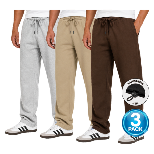 Men's 3 Pack Classic Fleece Sweatpants with Adjustable Drawcord Bottom - Grey / Brown / Khaki