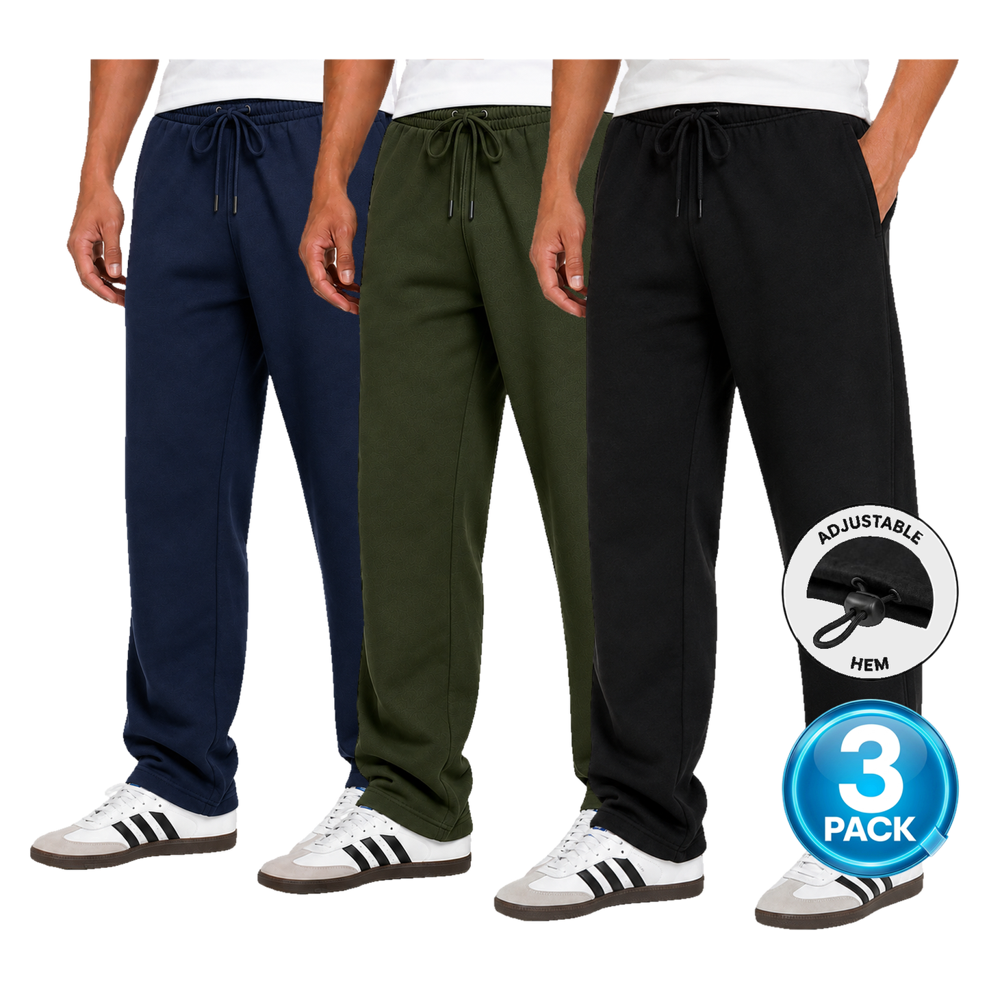 Men's 3 Pack Classic Fleece Sweatpants with Adjustable Drawcord Bottom - Navy / Olive / Black