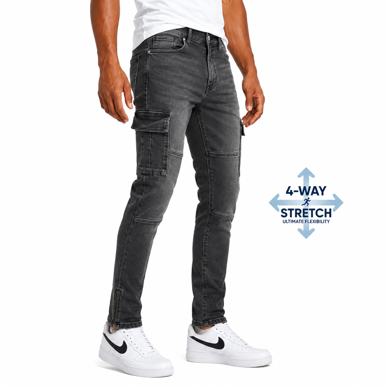 Men's Stretch Slim Straight Cargo Pocket Jeans in Black Wash