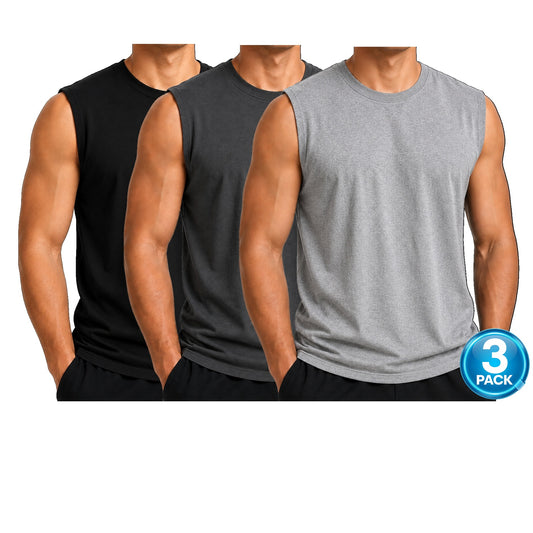 Men's 3-Pack Cotton Muscle Tee - Black / Charcoal / Heather Grey