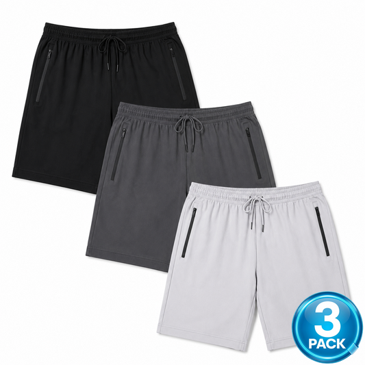 Men's 3-Pack Performance Workout Shorts With Zippered Pockets - Black / Charcoal / Silver