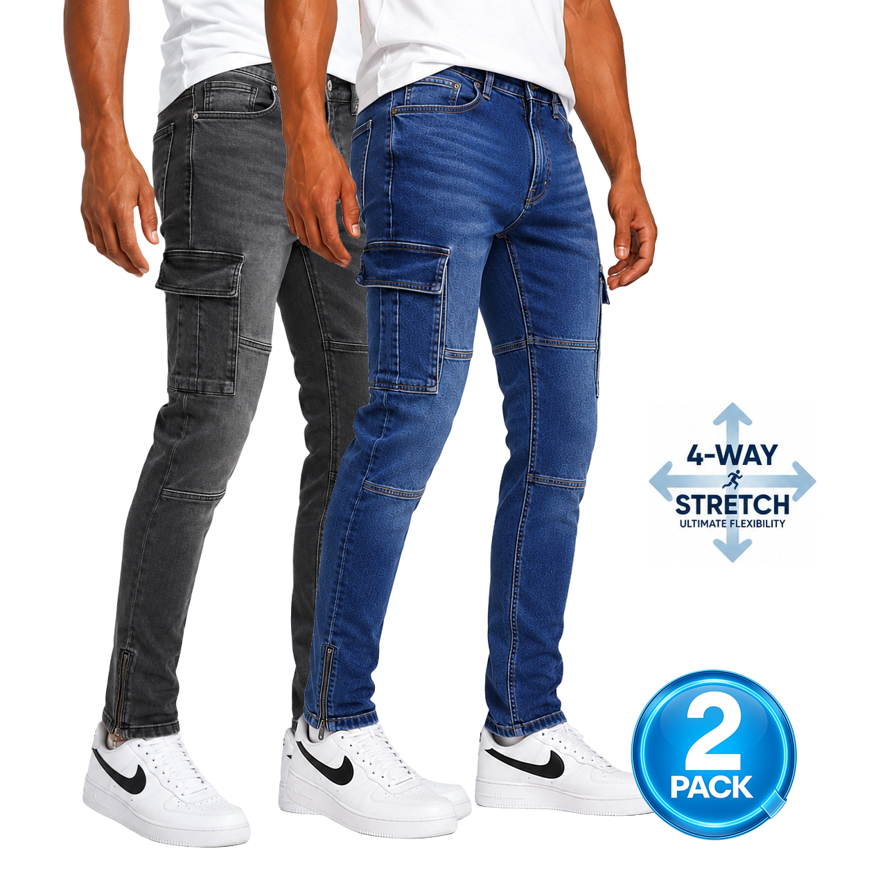 Men's 2-Pack Stretch Cargo Pocket Jeans in Black / Dark Wash