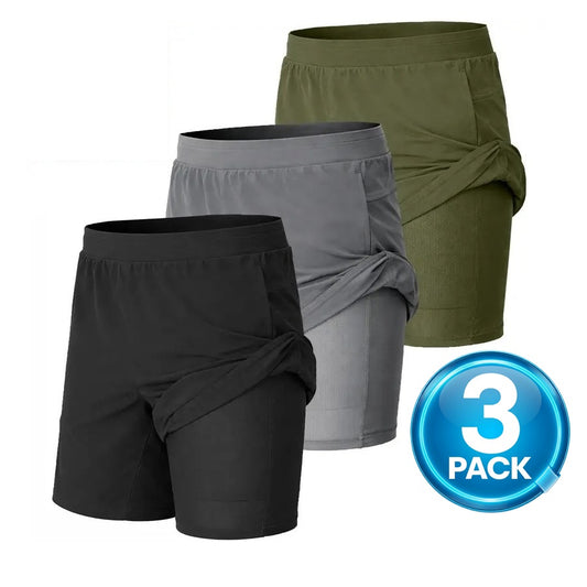 Men's 3-Pack Workout Shorts with Compression Liner – Black / Grey / Olive