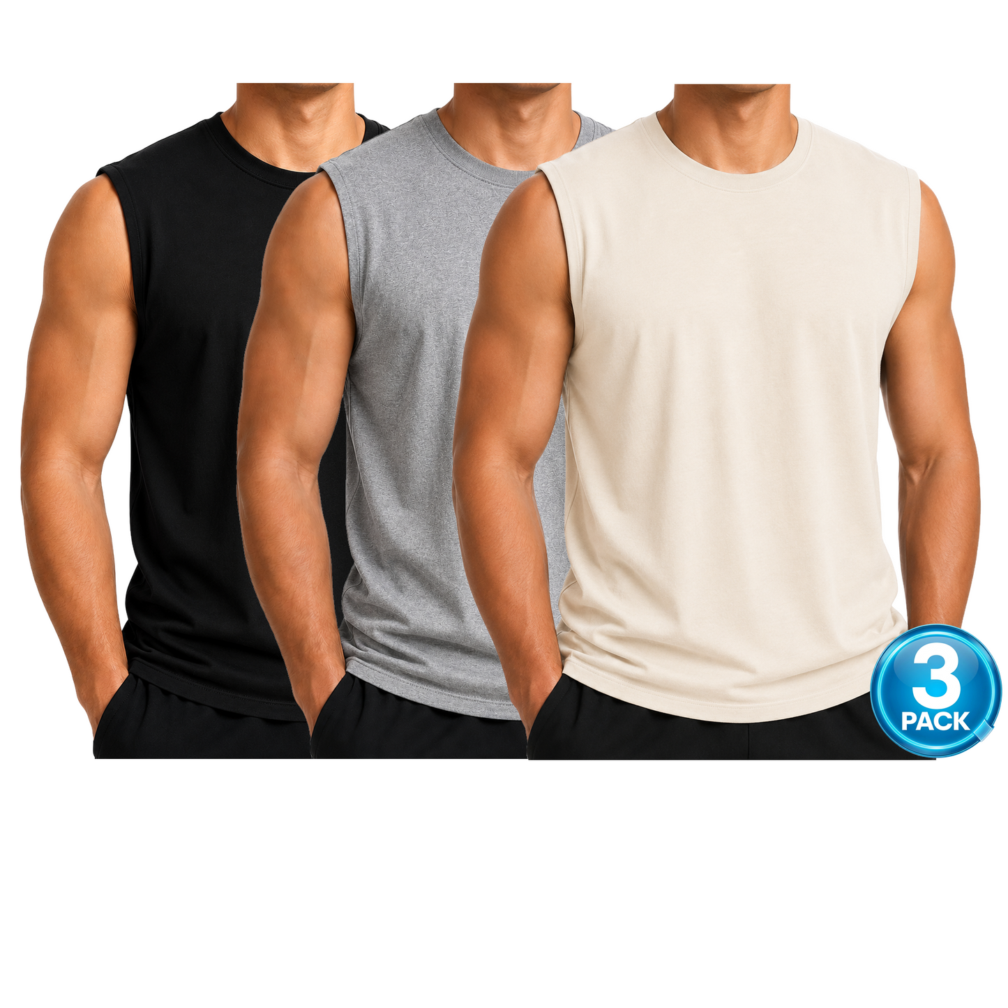 Men's 3-Pack Cotton Muscle Tee - Black / Heather Grey / Natural