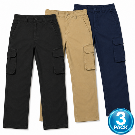 Young Men's 3-Pack Stretch Twill Cargo Pants in Black / Khaki / Navy