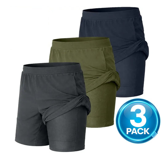 Men's 3-Pack Workout Shorts with Compression Liner – Black / Olive / Navy