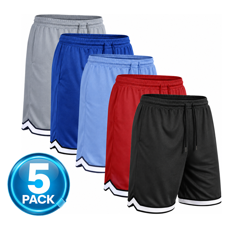 Men's 5-Pack Mesh Athletic Shorts with Trim - Black / Red / Carolina / Royal / Silver