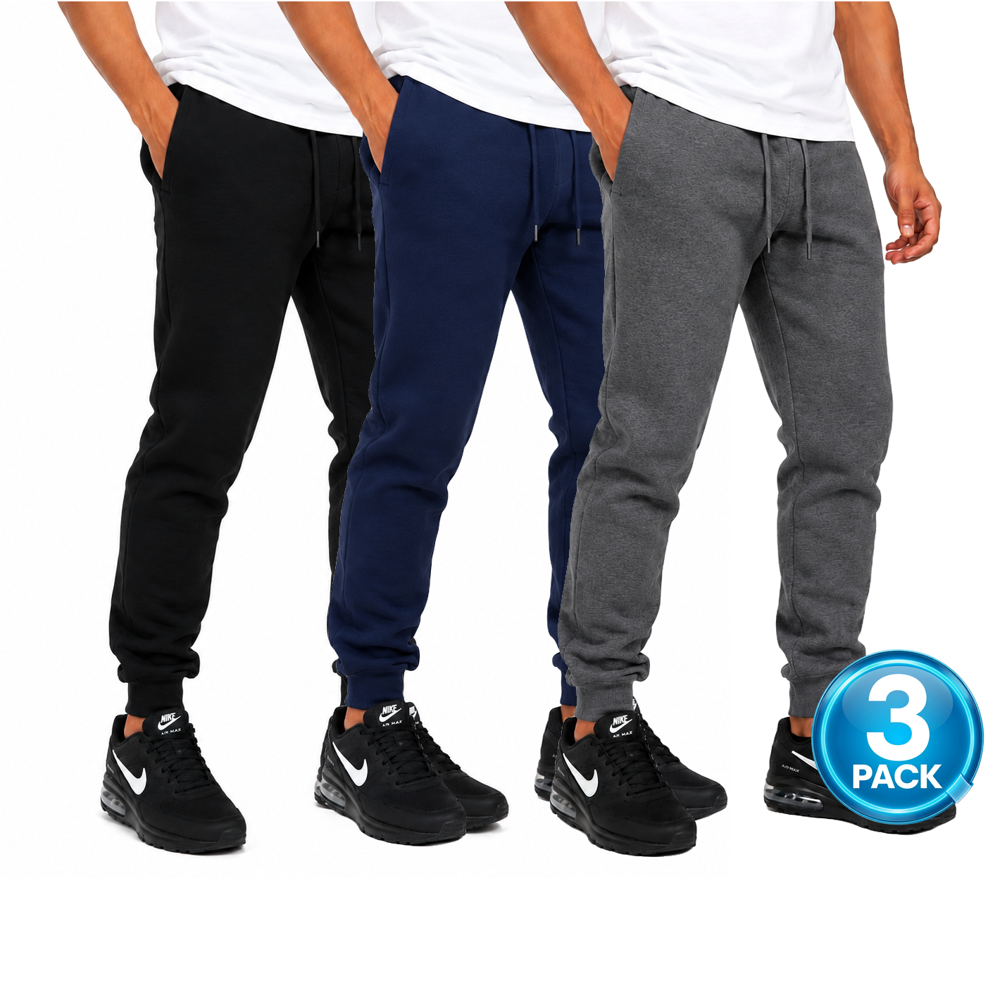 Men's 3-Pack Fleece Jogger Sweatpants in Black / Navy / Charcoal