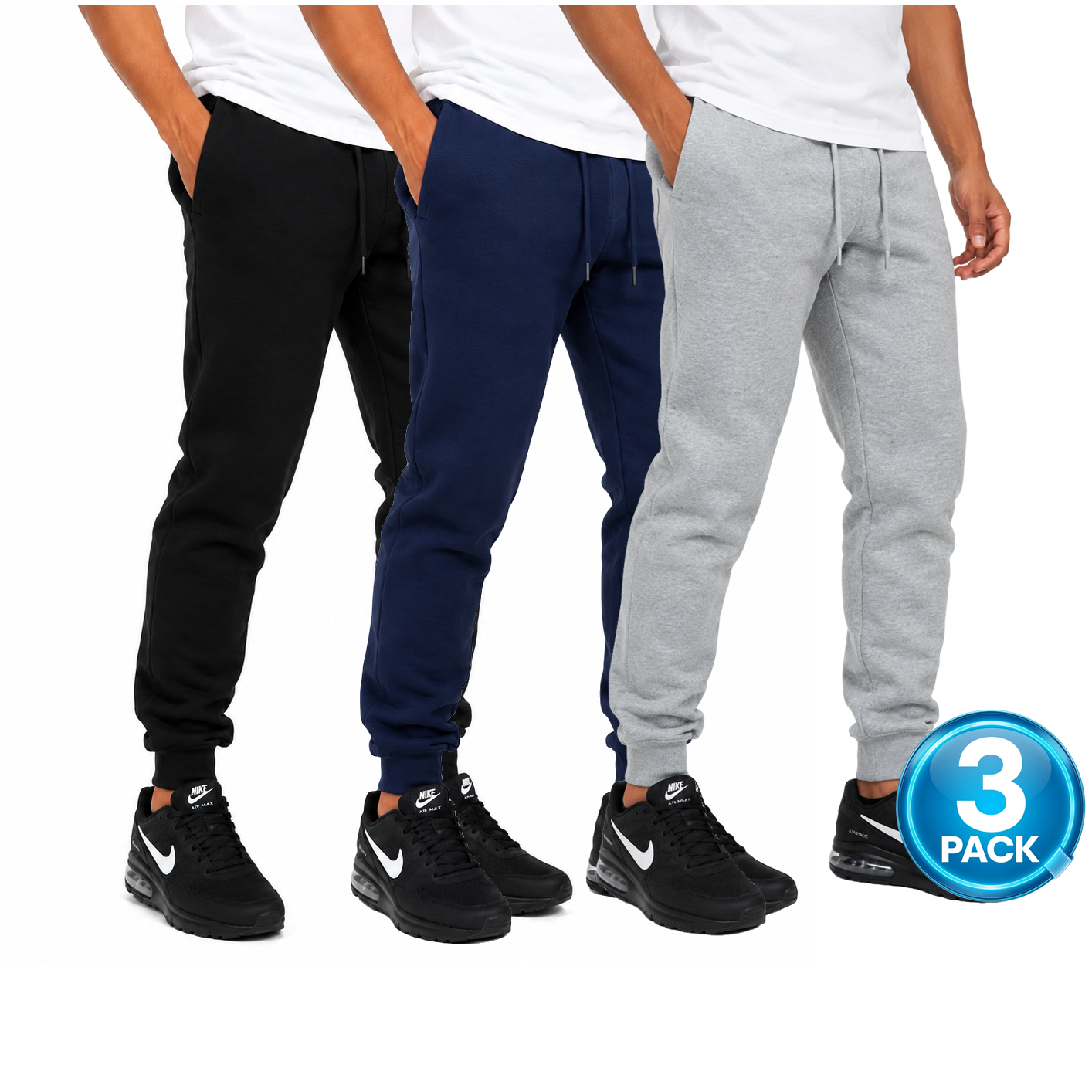 Men's 3-Pack Fleece Jogger Sweatpants in Black / Navy / Heather Grey