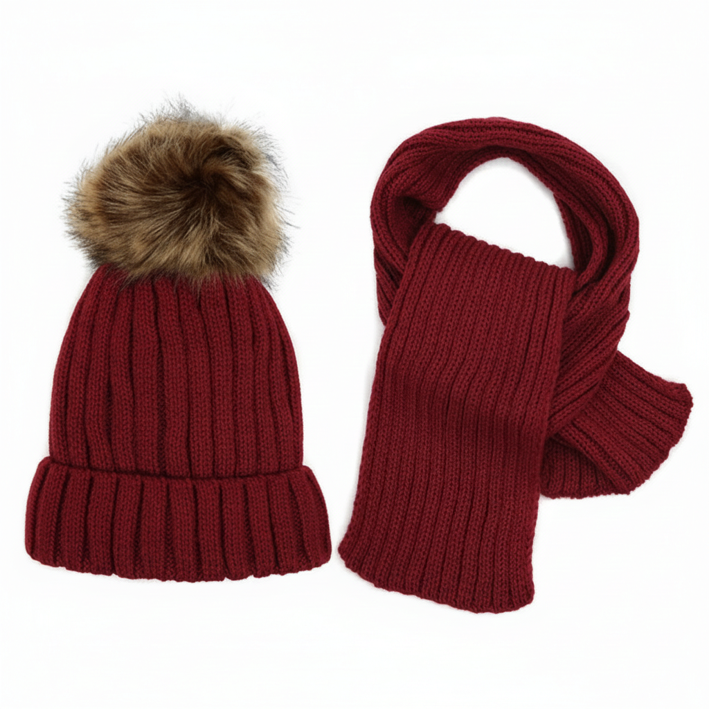 Wholesale Kid's Winter Knitted Scarf and Hat Set in Burgundy