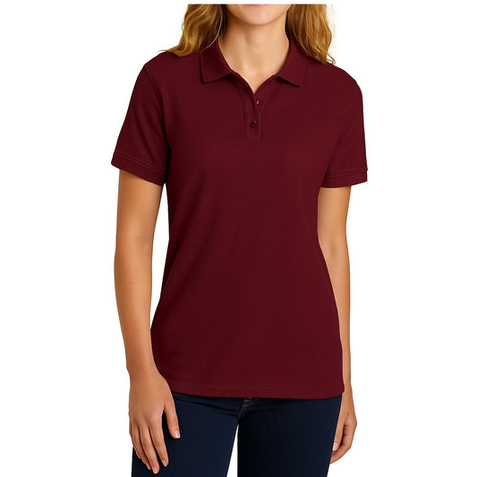 Young Women's Short Sleeve Jersey Knit School Polo Shirt in Burgundy
