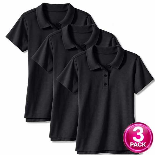 Girl's 3-Pack Short Sleeve School Uniform Polo Shirt in Black