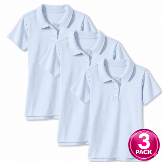 Girl's 3-Pack Short Sleeve School Uniform Polo Shirt in Light Blue