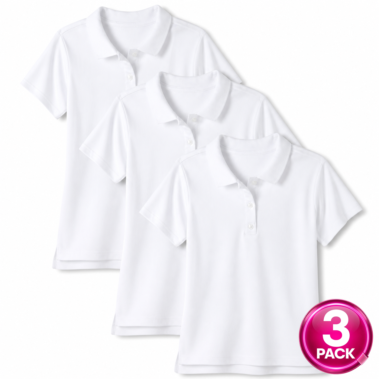 Girl's 3-Pack Short Sleeve School Uniform Polo Shirt in White