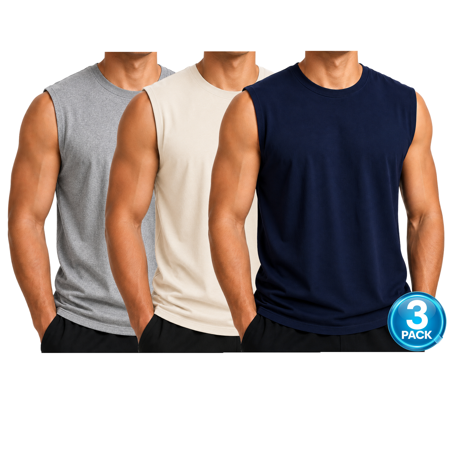 Men's 3-Pack Cotton Muscle Tee - Heather Grey / Natural / Navy