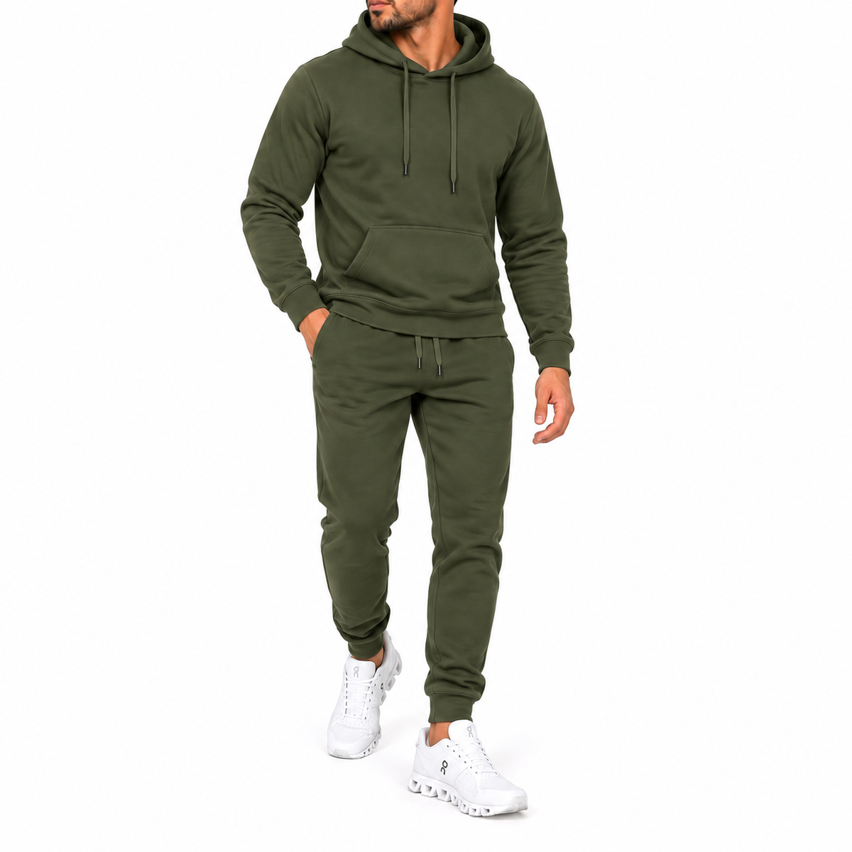 Men's Medium-Weight Soft Fleece Cotton Blend Pullover Hoodie & Jogger Set in Olive