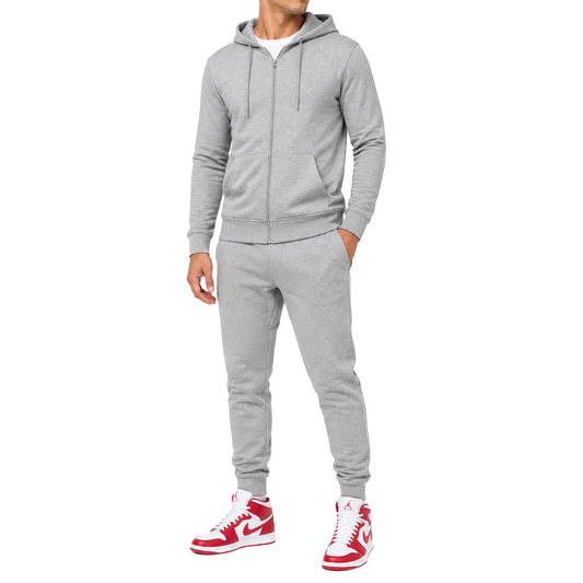 Men's French Lightweight Terry Zip-Up Hoodie & Jogger Set in Heather Grey