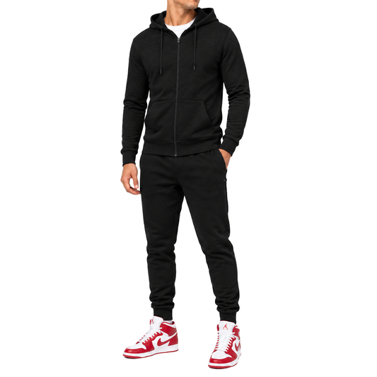 Men's French Lightweight Terry Zip-Up Hoodie & Jogger Set in Black