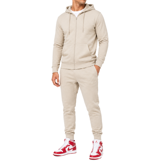 Men's French Lightweight Terry Zip-Up Hoodie & Jogger Set in Khaki