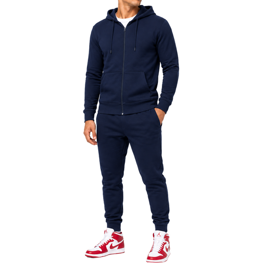 Men's French Lightweight Terry Zip-Up Hoodie & Jogger Set in Navy