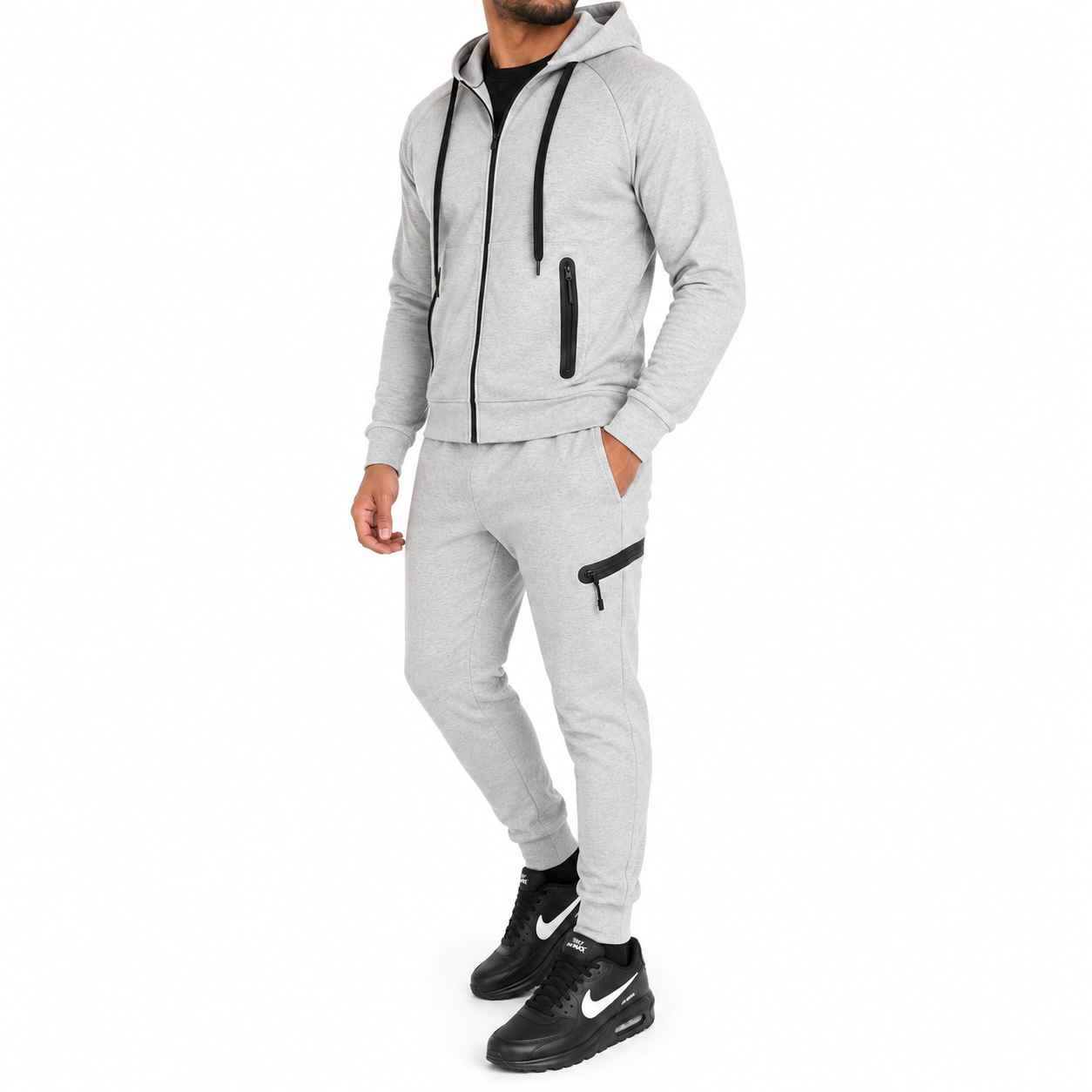 Men's Lightweight Tech Fleece Zip-Up Hoodie & Jogger 2-Piece Set in Heather Grey