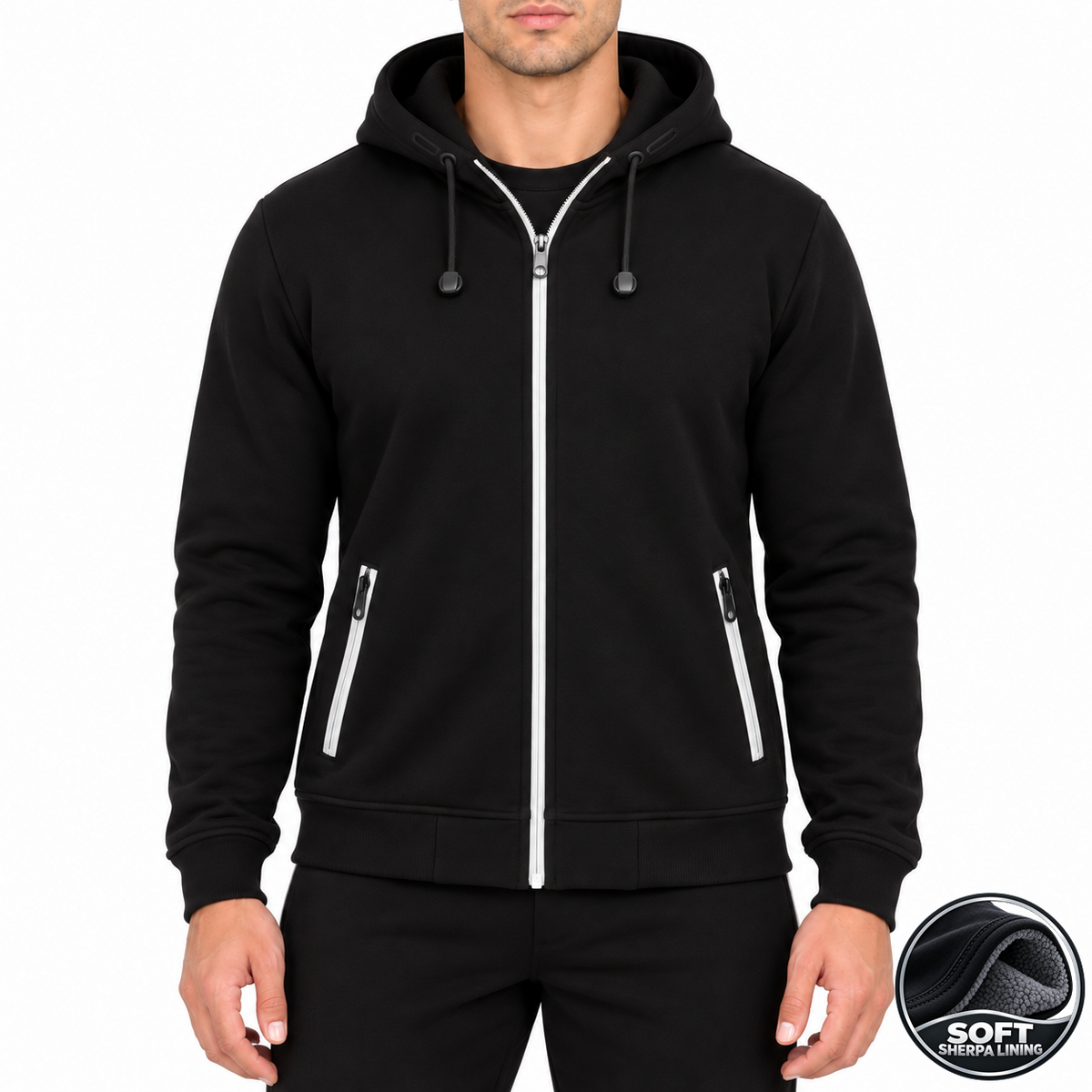 Men's Heavyweight Sherpa Fleece-Lined Full Zip Hoodie in Black