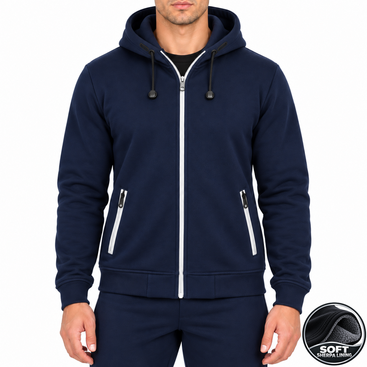 Men's Heavyweight Sherpa Fleece-Lined Full Zip Hoodie in Navy