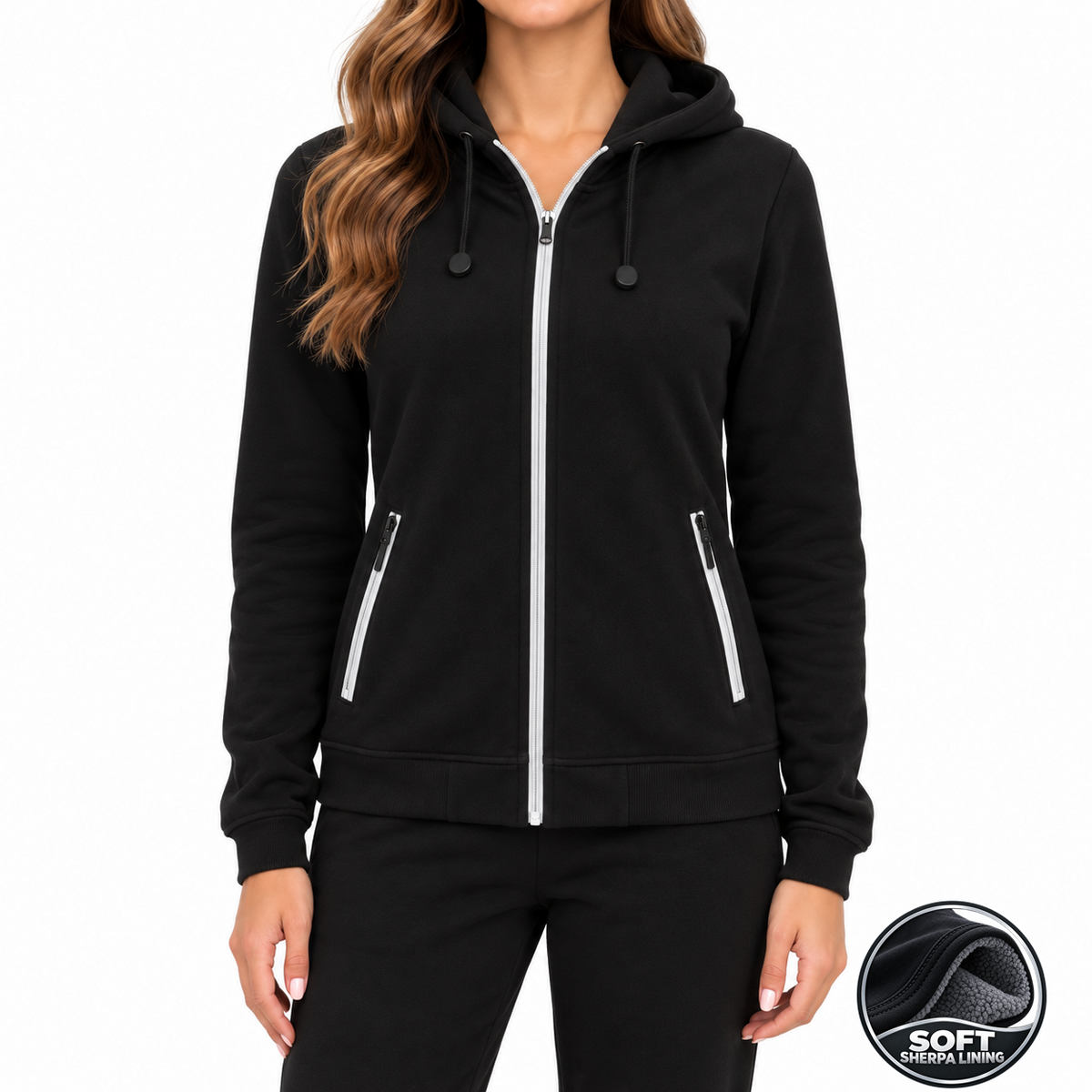 Women's Heavyweight Sherpa Fleece-Lined Full Zip Hoodie in Black