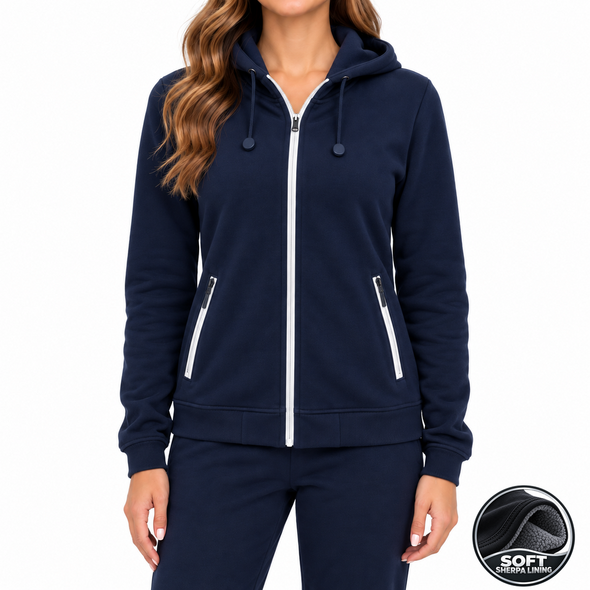 Women's Heavyweight Sherpa Fleece-Lined Full Zip Hoodie in Navy