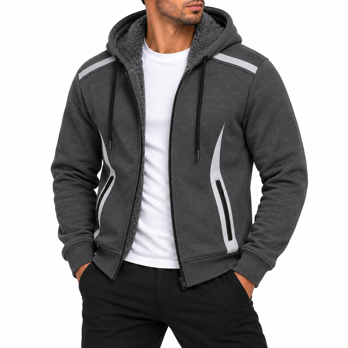 Men's Heavyweight Sherpa Fleece-Lined Tech Zip Up Hoodie in Charcoal
