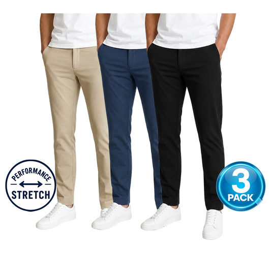Young Men's 3-Pack Stretch Performance Fit Pants in Khaki / Navy / Black