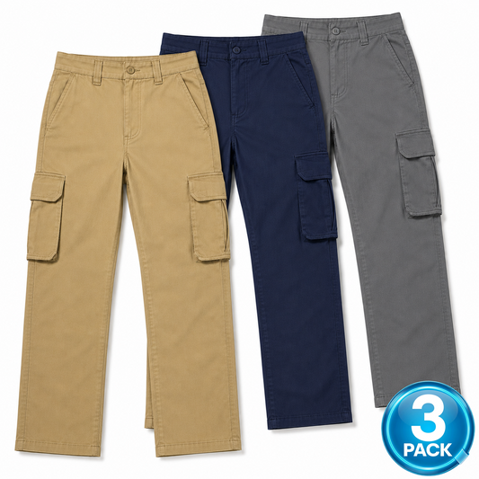 Young Men's 3-Pack Stretch Twill Cargo Pants in Khaki / Navy / Grey