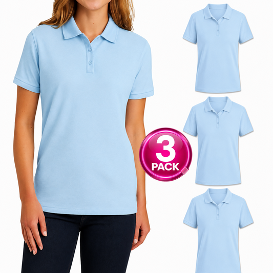 Young Women's 3-Pack Short Sleeve Jersey Knit Polo Shirt in Light Blue