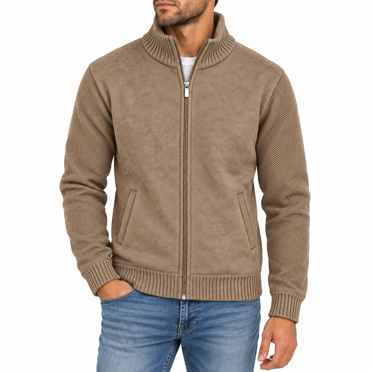 24 Pack - Wholesale Men's Fleece Lined Full Zip Knit Sweater in Camel