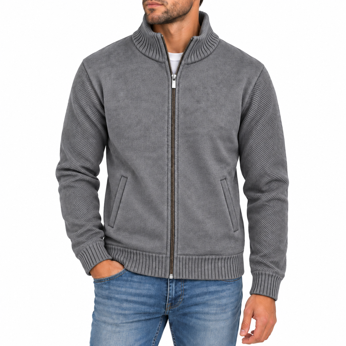 Men's Fleece Lined Full Zip Knit Textured Sweater in Grey