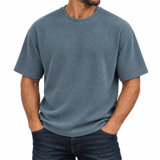 Men's Heavyweight Micro Waffle Knit Drop Shoulder Short Sleeve Tee in Steel Blue