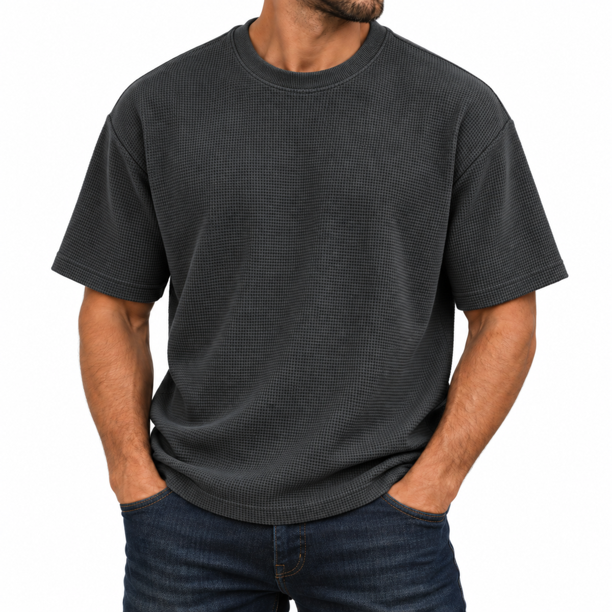 Men's Heavyweight Micro Waffle Knit Drop Shoulder Short Sleeve Tee in Black