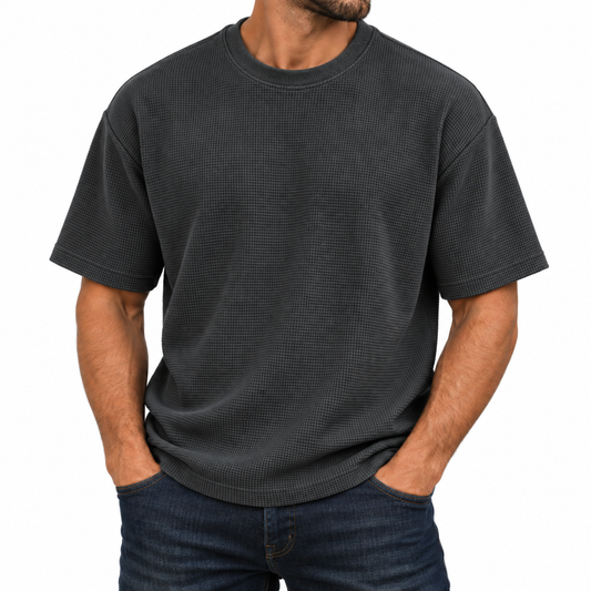 Men's Heavyweight Micro Waffle Knit Drop Shoulder Short Sleeve Tee in Black