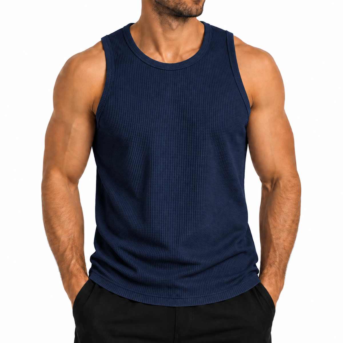 Men's Micro Waffle Knit Heavyweight Sleeveless Tank Top in Navy