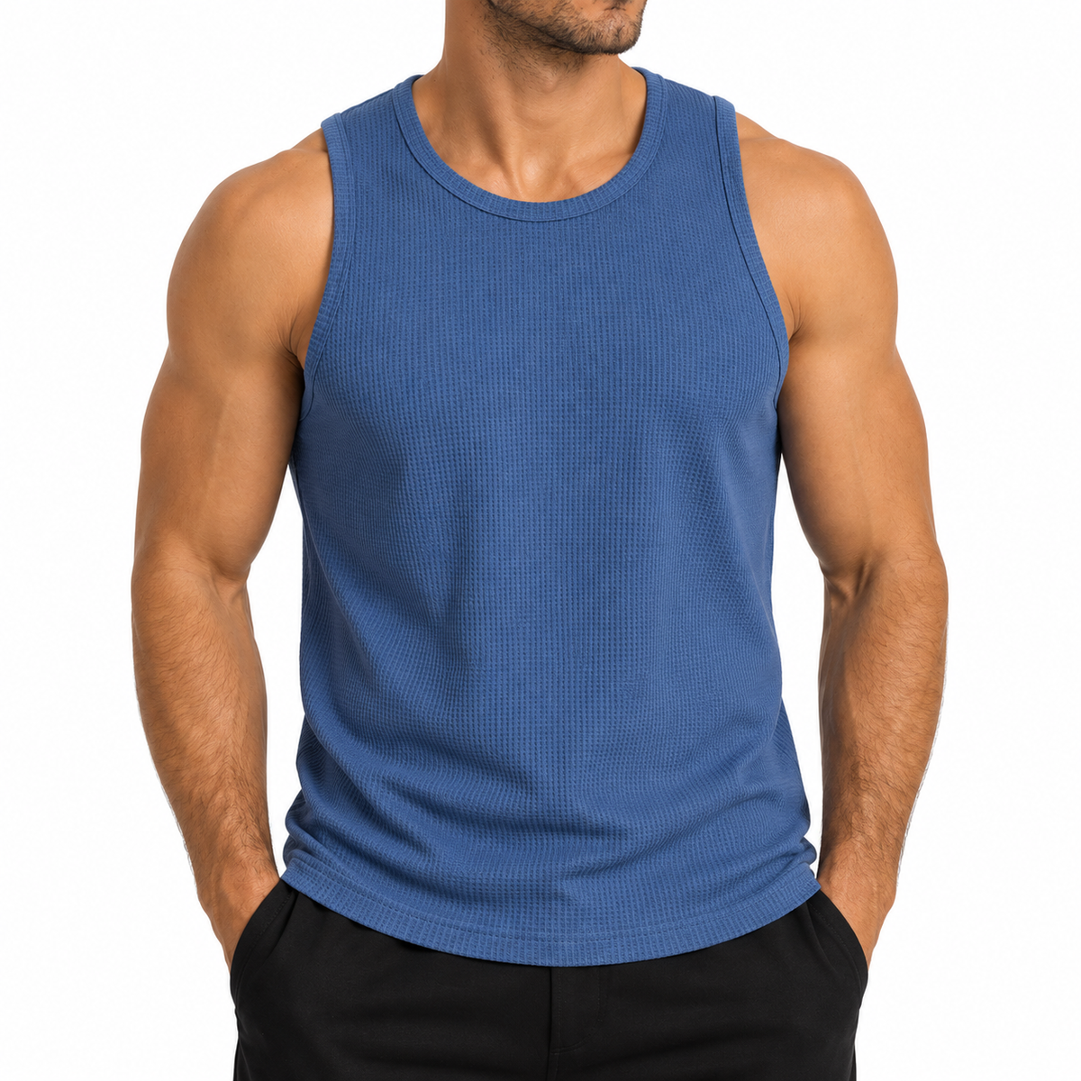 Men's Micro Waffle Knit Heavyweight Sleeveless Tank Top in Sea Blue