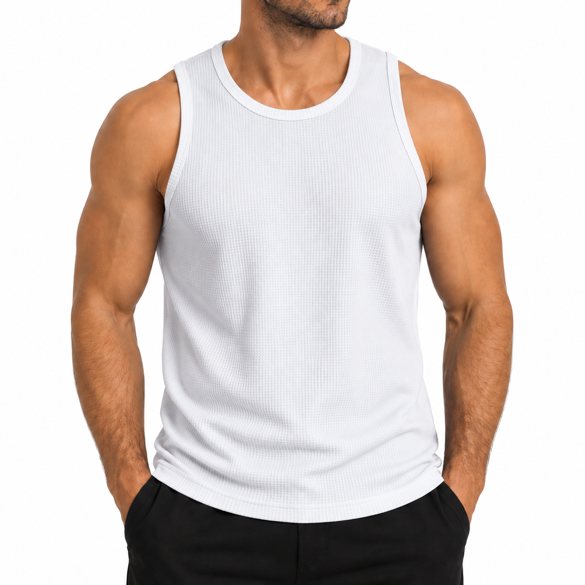 Men's Micro Waffle Knit Heavyweight Sleeveless Tank Top in White