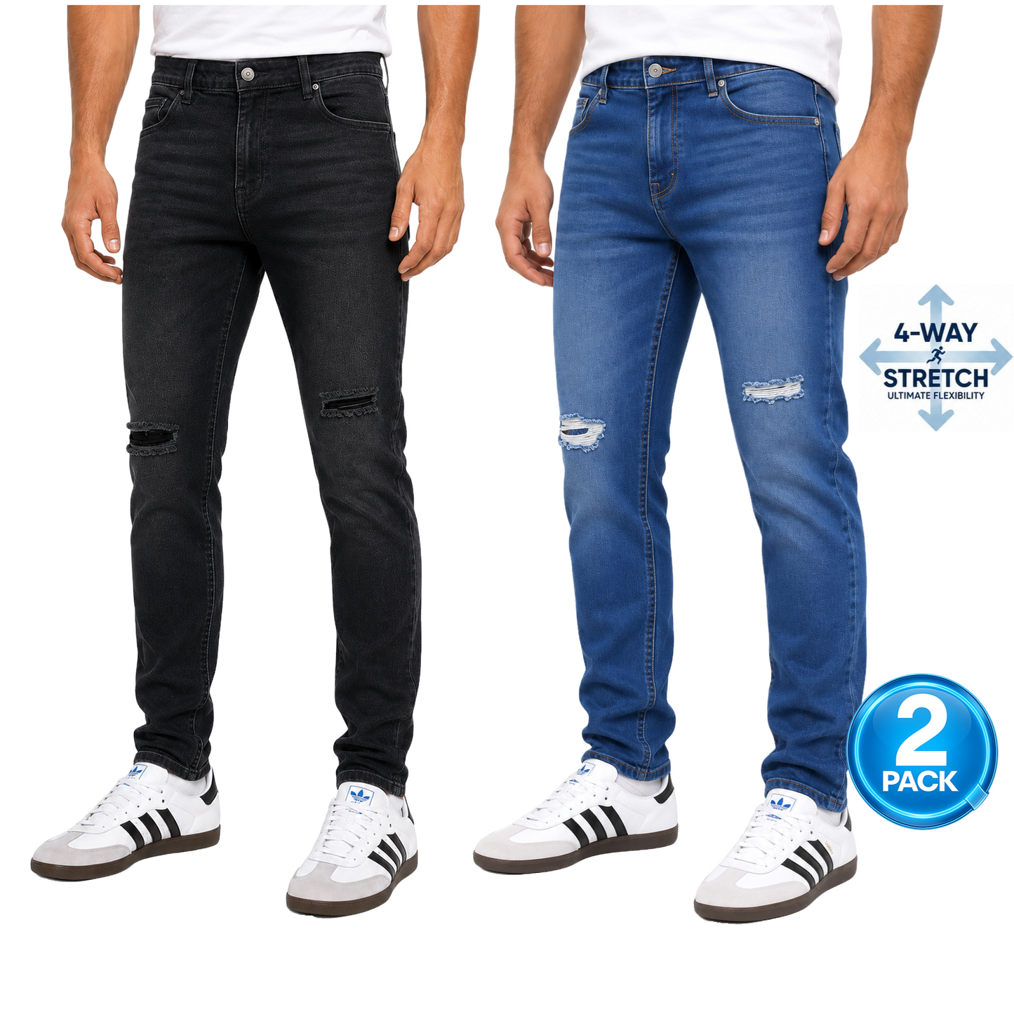 Men's 2-Pack Stretch Slim Fit Ripped Jeans in Medium Blue & Black Wash