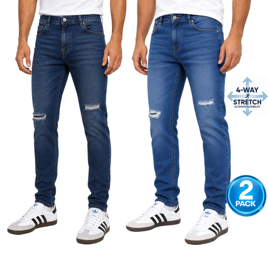 Men's 2-Pack Stretch Slim Fit Ripped Jeans in Medium Blue & Dark Blue Wash